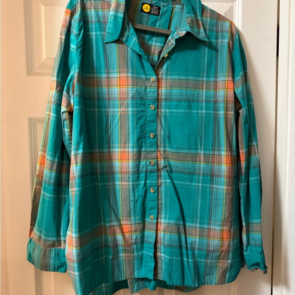 Life Is Good Turquoise and orange Plaid Shirt XL